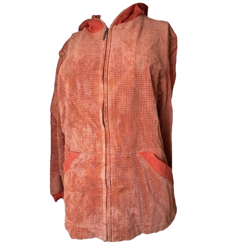 Co & Eddy Women's Hooded Zip Jacket  Orange 8 Perforated Suede Long Sleeve